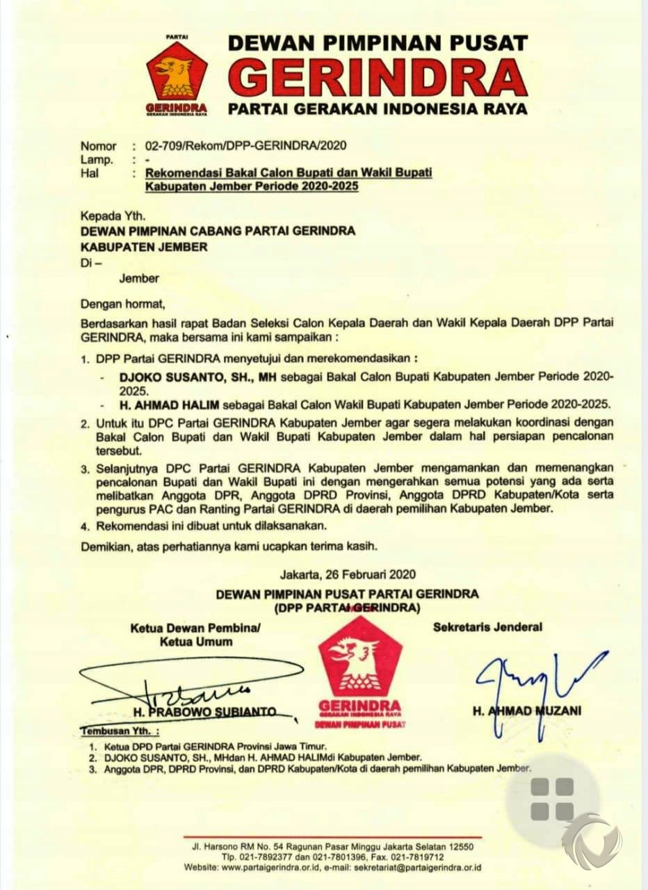 Viral Rekom untuk Djoko Susanto, Ketua Gerindra Jember Sangsi Keabsahannya