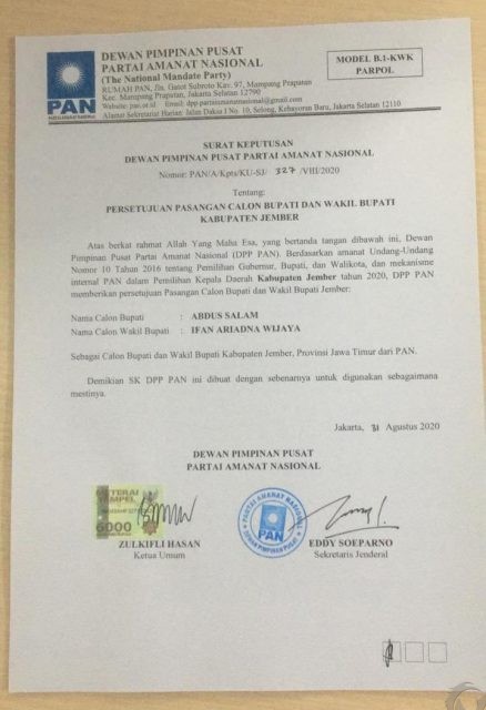 Pilkada Jember, Tersebar Foto Surat Rekom DPP PAN untuk Paslon Salam-Ifan
