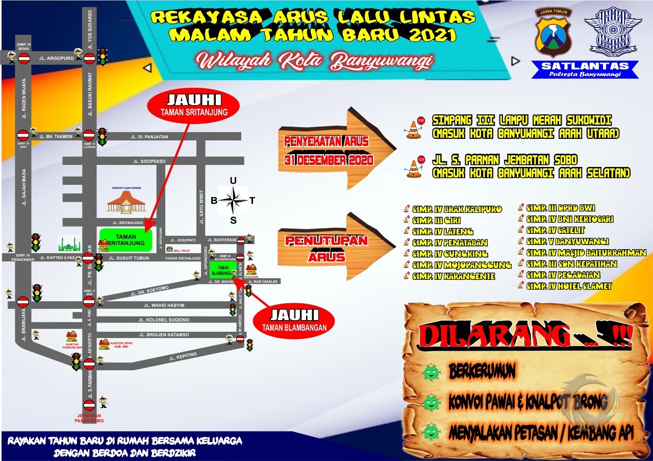 Daftar ruas jalan di Banyuwangi yang ditutup saat malam tahun baru 2021, Kamis (31/12/2020).