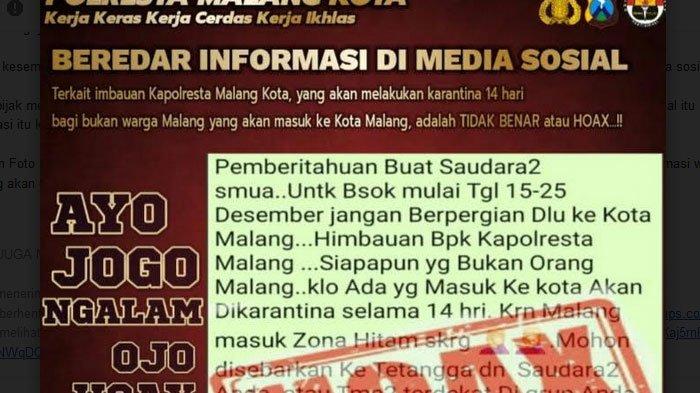 Hoaks warga luar daerah yang masuk wilayah Malang akan dikarantina 14 hari.