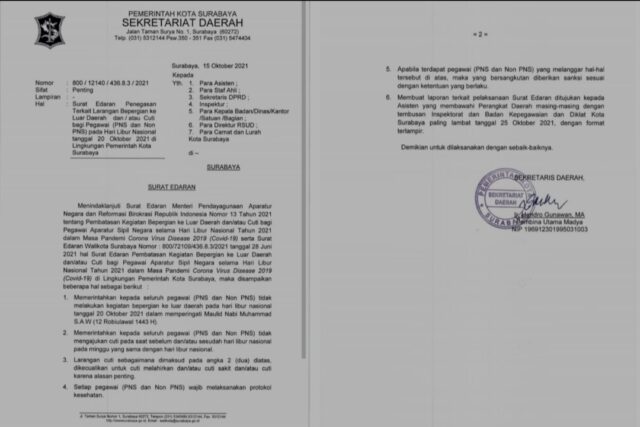 Pemkot Surabaya Larang Pegawainya ke Luar Daerah Saat Libur Nasional 20 Oktober