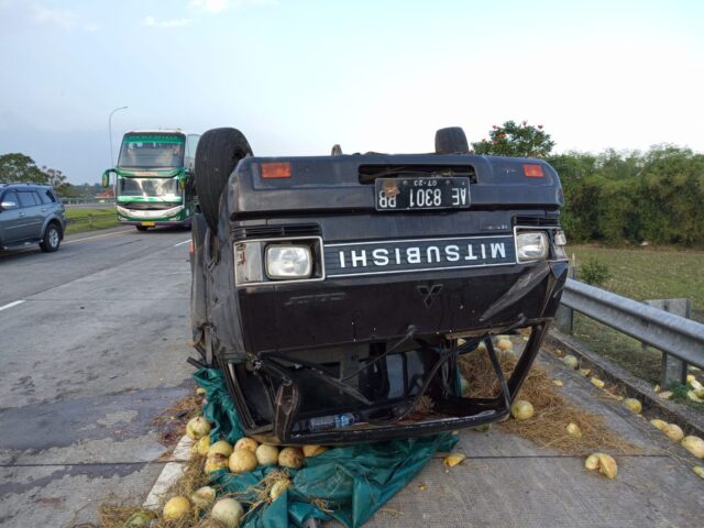 Dihantam Hiace, Pikap Muatan Melon Terguling di Tol Jombang, Satu Tewas