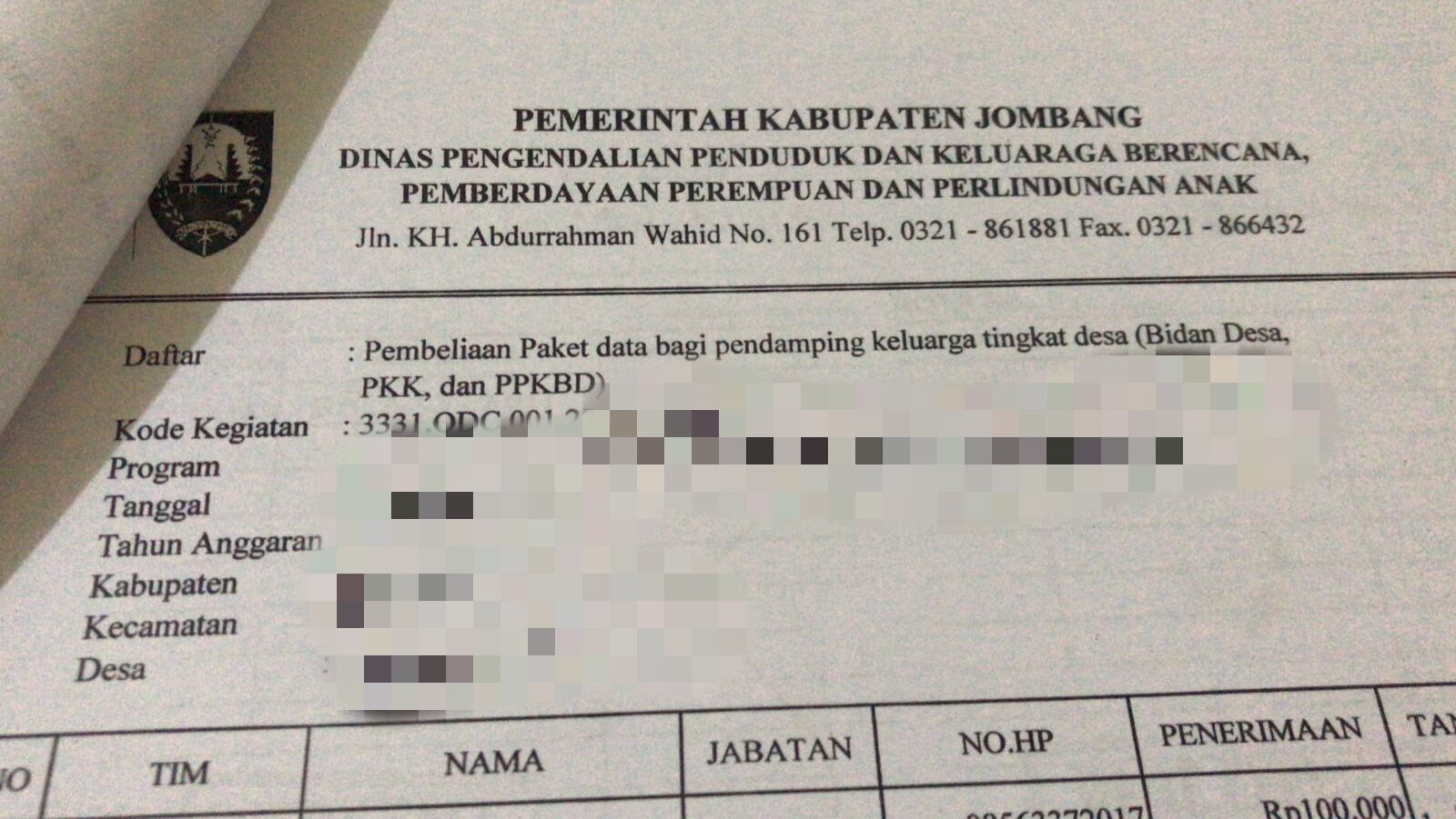 Tanda terima uang Rp 100 ribu untuk pembelian paket data internet kader TPK Kabupaten Jombang.